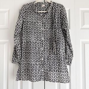 Yala Organic Cotton Tunic Top Gray White Abstract Print Button Front Small